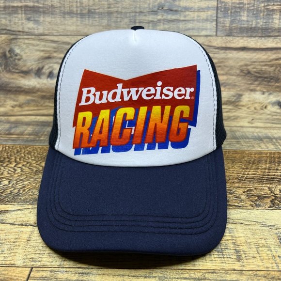 Budweiser Racing Mens Trucker Hat Navy Snapback Motorsport Drag Race Ball Cap - Picture 2 of 8